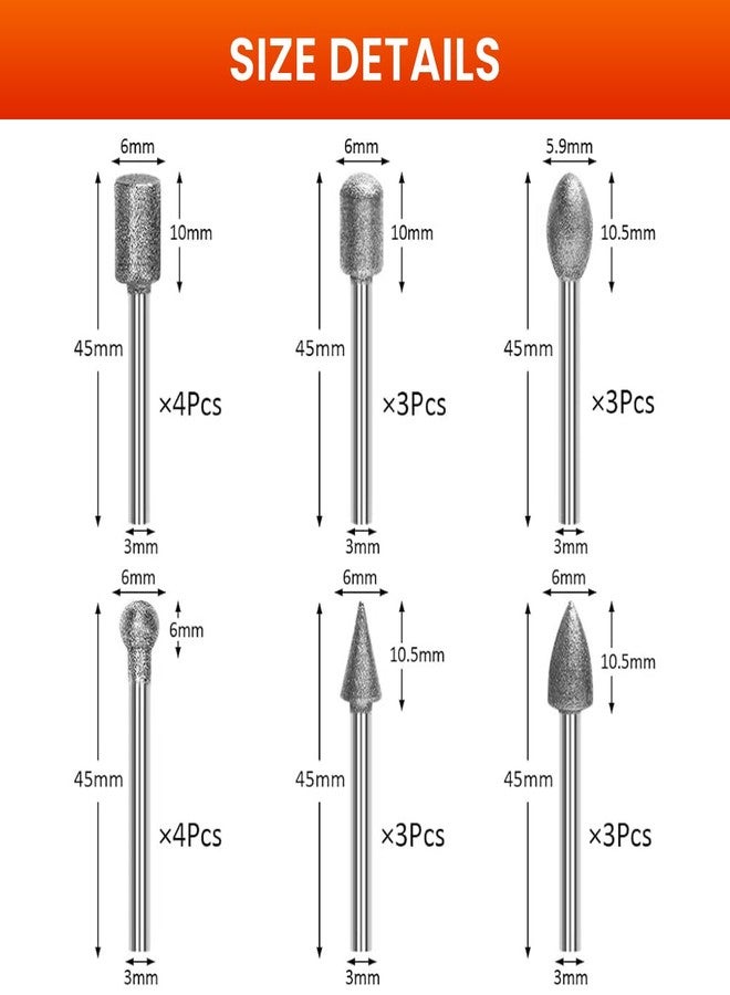 Serplex مجموعة رؤوس حفر ماسية من سيربلكس®، 20 قطعة، لقم تلميع ونحت الأحجار، ساق 1/8 بوصة، 6 تصاميم، رأس مسطح، رؤوس مدببة، رؤوس كروية، رؤوس مخروطية، رؤوس دائرية، رؤوس بيضاوية - Image 2